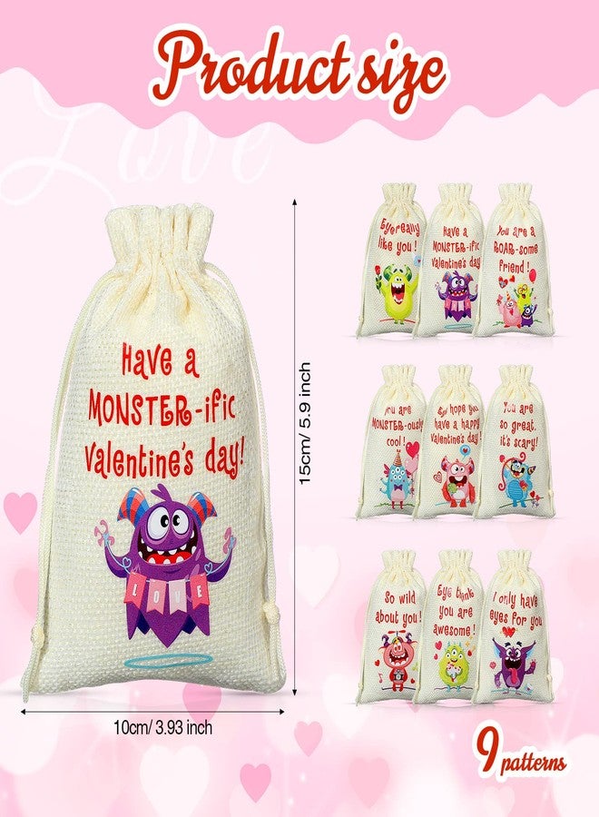 Tiamon 45 Pcs Valentines Burlap Gift Bags Bulk 6 x 4 Inch Drawstring Canvas Linen Monster Treat Candy Goodie Bag for Valentines Party Favors Wedding Bridal Shower Birthday Packaging Supplies, 9 Styles - Image 2